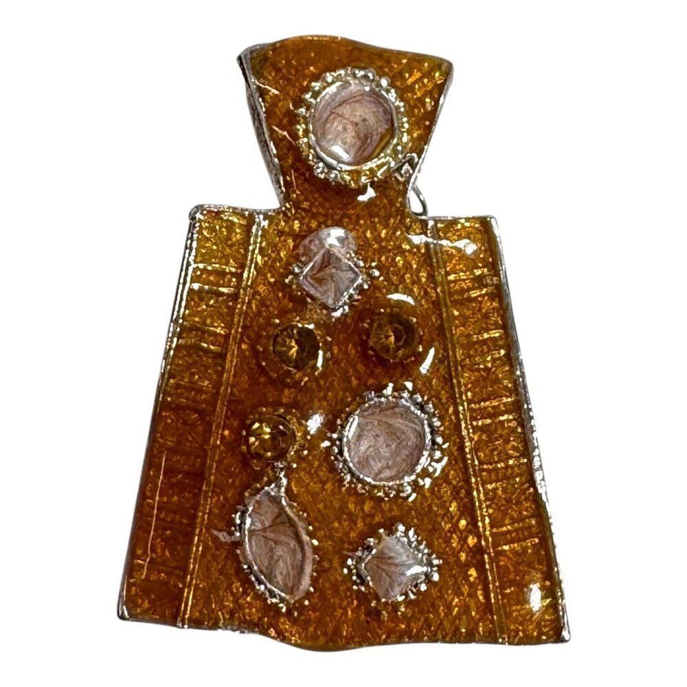 Amber & Silver-Tone Enamel Vintage Pendant Textured Design & Embedded Stones